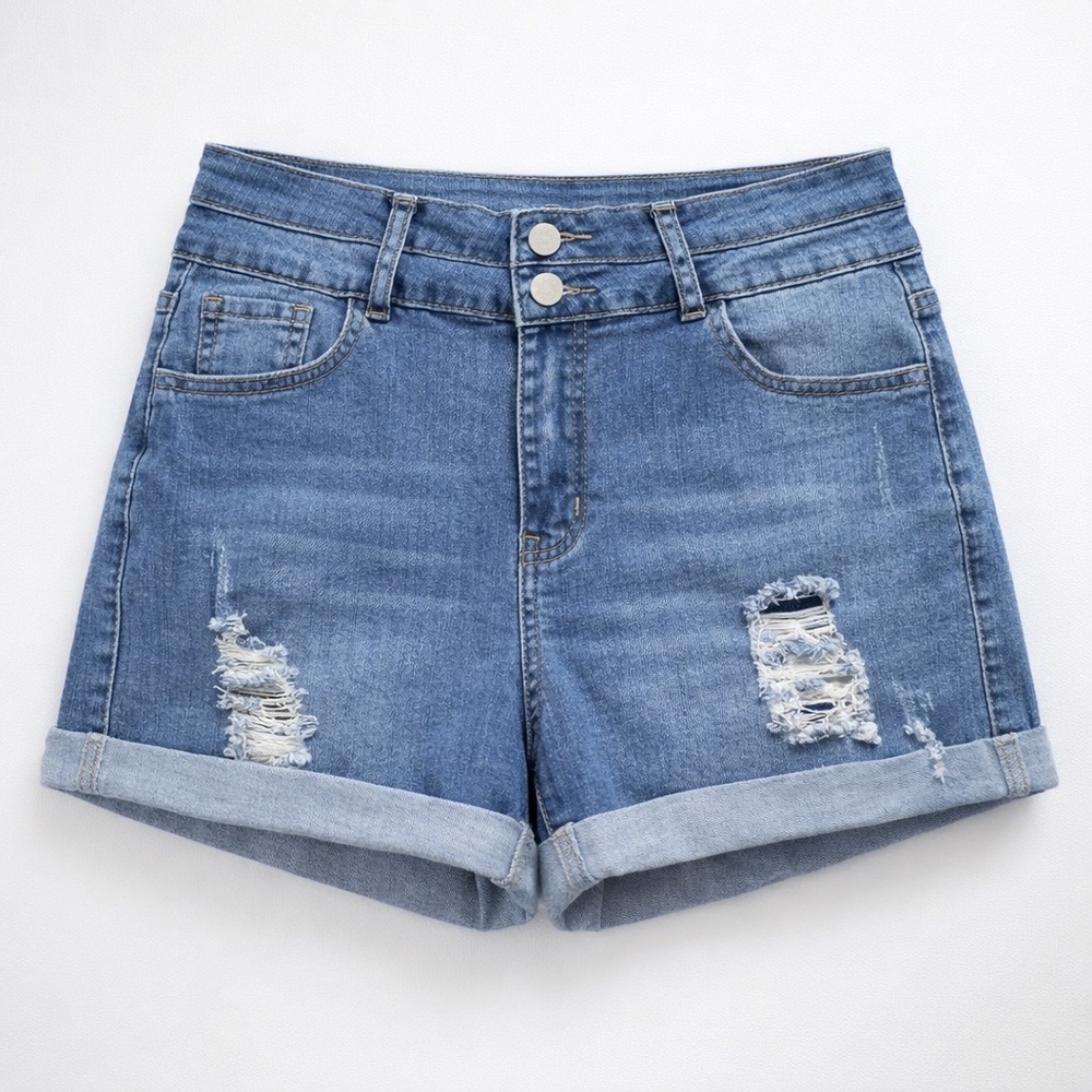 Women’s Blue Distressed Denim Jean Shorts Size M Stretch Cuffed Casual Summer - Picture 2 of 6